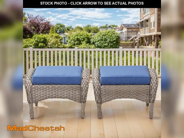 Lot 74-14312941 - Pocassy Flat Armrest Series Gray Wicker Outdoor Patio Ottoman with CushionGuard Blue Cushions (2-Pac...
