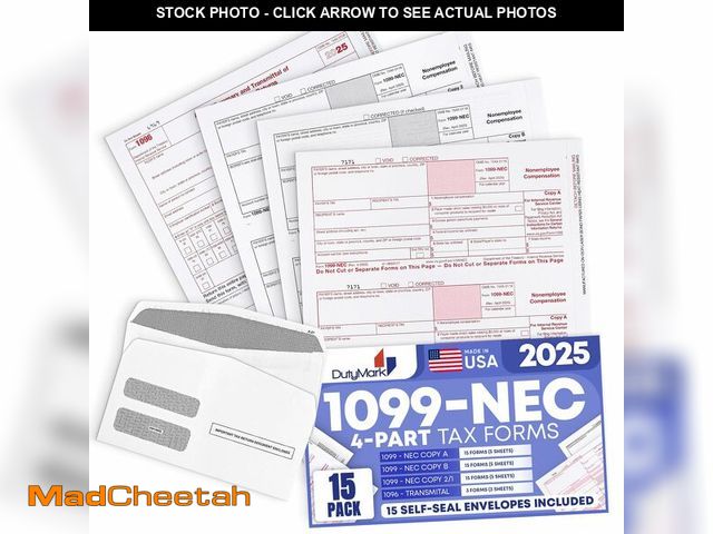 Lot 74-13519046 - 1099 NEC Tax Forms 2025 with Envelopes 4 Part 15 Pack Tax Forms Kit and 15 Self-Seal Envelopes ÃÂ¢Ã...