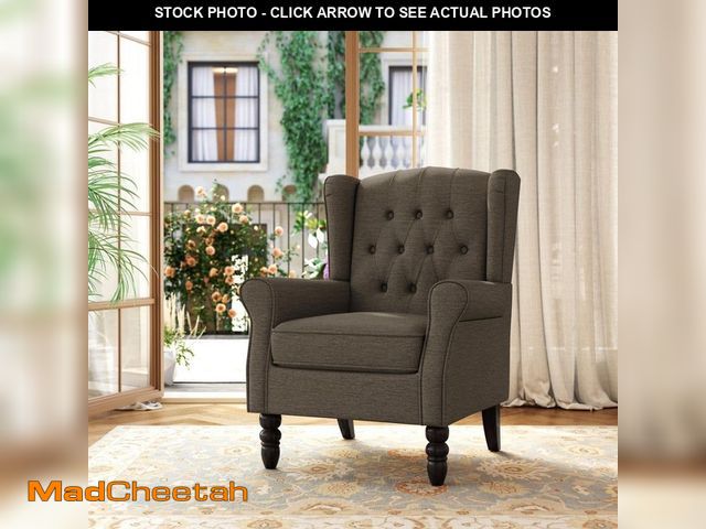 Lot 74-14375725 - Uixe Modern Taupe Linen Upholstered Button High Back Accent Arm Chair With Wood Legs (Set of 1) - UN...