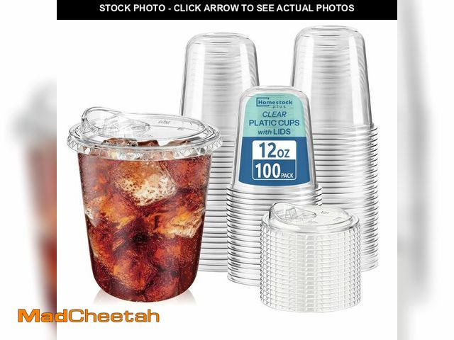 Lot 74-13544016 - Homestockplus 100 Pack 12 oz BPA-Free Clear Plastic Cups with Sip Lids - Leak-Proof Round Bottom Dis...