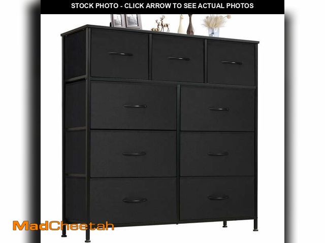 Lot 74-13042823 - JIOABL 9 Drawer Chest Organizer with Fabric Bins, Dresser for Bedroom, Tall Steel Frame, Black - UNU...