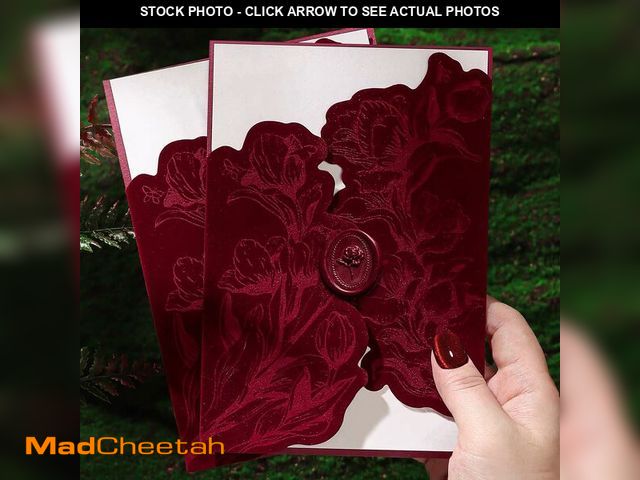 Lot 74-14145642 - Burgundy Velvet Invitation Sleeve, Elegant Flower Jacket and Rose Wax Seals, Wedding Invitations Cov...