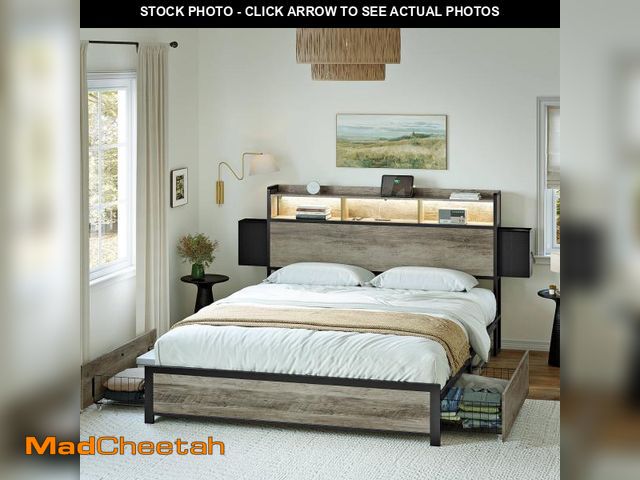 Lot 74-12487095 - GUNAITO Queen Bed Frame with 2 Drawers Headboard Platform Bed Frame with LED Lights Charging Station...