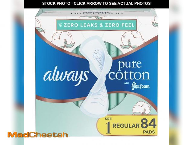 Lot 74-12432574 - Always Pure Cotton Feminine Pads for Women, FlexFoam Pads with Wings, Size 1, Regular Absorbency, Un...