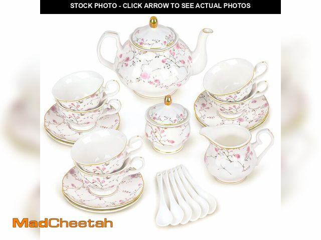 Lot 74-12711761 - fanquare 21-Piece Gold Vine Floral Porcelain Tea Sets with Sugar Bowl Creamer Teacups, English Bone ...