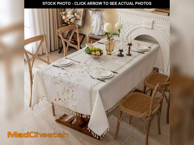 Lot 74-14268827 - Joyfol Day Linen Spring Flowers Tablecloth with Tassels, Rustic Farmhouse Embroidery Waterproof Tabl...