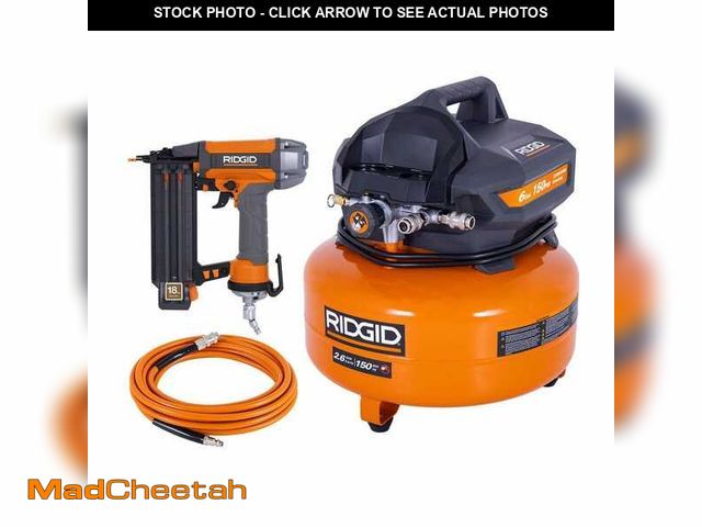 Lot 74-14450353 - RIDGID 6 Gal. 150 PSI Portable Electric Oil-Free Jobsite Pancake Air Compressor with 25 ft. Air Hose...