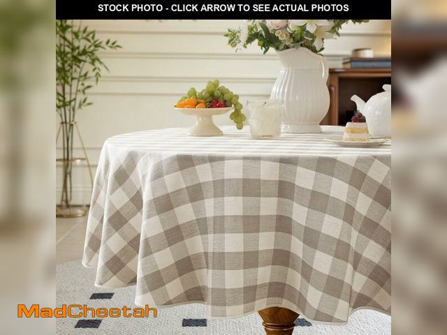 Lot 74-14377758 - Alsoo Beige Gingham Round Tablecloth 60 Inch, Checkered Circle Table Cloth Washable Wrinkle Free, Co...