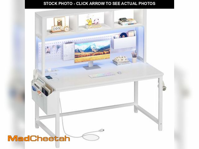 Lot 74-12692771 - White Computer Desk with Hutch and Pegboard - Computer Desk with Power Outlets, 47 Inch Modern Study...