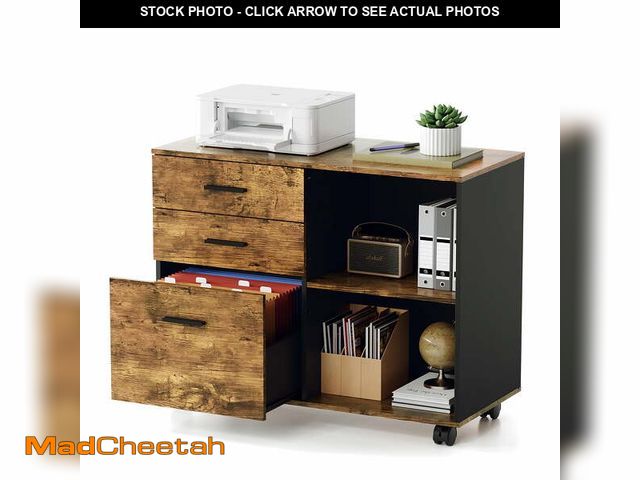 Lot 74-14259514 - Ktaxon 3 Drawer File Cabinet with Open Shelf, Wood Rolling File Cabinet with Open Shelves,Legal &amp...