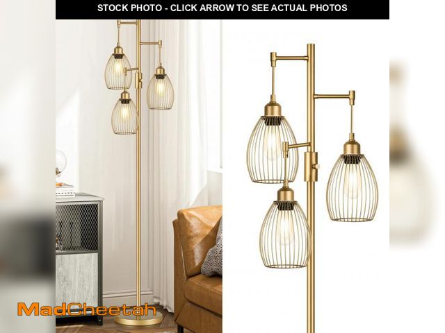 Lot 74-12113584 - Dimmable Industrial Floor Lamps for Living Room, Gold Tree Standing Tall Lamps with 3 Elegant Teardr...