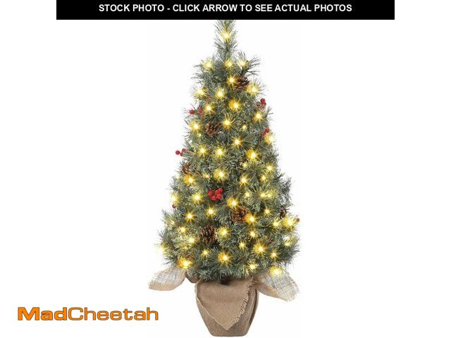 Lot 74-13041643 - Pre-Lit 3 ft Artificial Mini Xmas Tree, Nordic Spruce Christmas Tree with Led Lights &amp; Burlap Ba...