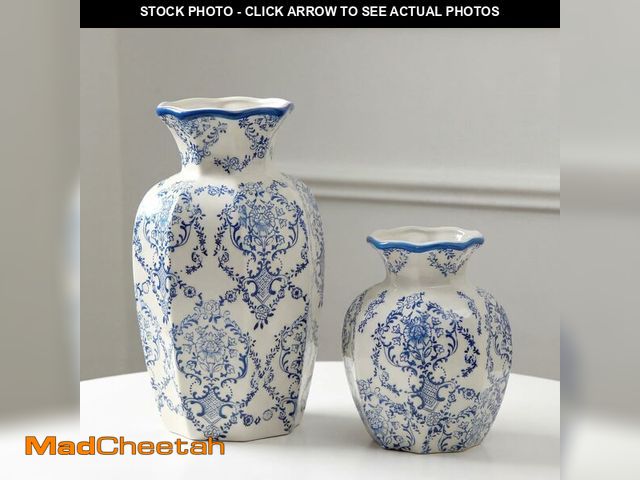Lot 74-14205147 - 2 Pcs Blue and White Vintage Vase Chinoiserie Floral Vase 9.5'', 6'' Rustic Ceramic Vases for Home D...