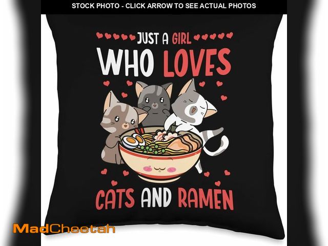 Lot 74-13331541 - Just a Girl Who Loves Cats and Ramen Cats Eating Ramen Throw Pillow - UNUSED