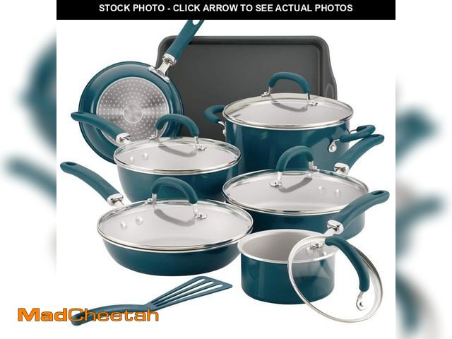 Lot 74-12919699 - Rachael Ray Create Delicious 13-Piece Aluminum Nonstick Cookware Set in Teal Shimmer - UNUSED