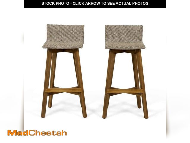 Lot 74-14255016 - Noble House La Brea Teak Brown Wood Outdoor Patio Bar Stool (2-Pack) - UNUSED