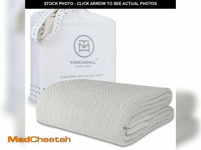 Lot 74-12831584 - Threadmill Home Linen Cotton Blanket, Queen Size, All-Season Herringbone Cozy, Silver - UNUSED
