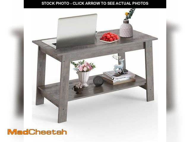 Lot 74-13844704 - Modern 2-Tier Coffee Table with Spacious Storage Shelf, Rustic Industrial Wood Centerpiece for Livin...