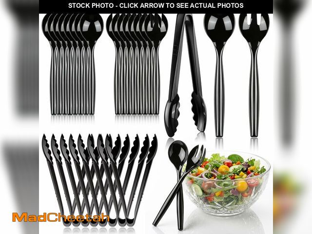 Lot 74-14266523 - Dualshine 24 Pcs Disposable Black Plastic Serving Utensils,8 Set Including 9.72" Plastic Serving Spo...