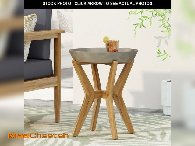 Lot 74-12671225 - Modern Outdoor Side Table with Concrete Top, Acacia Wood Base, 18W x 18D x 21.5H inches, Grey - UNUS...