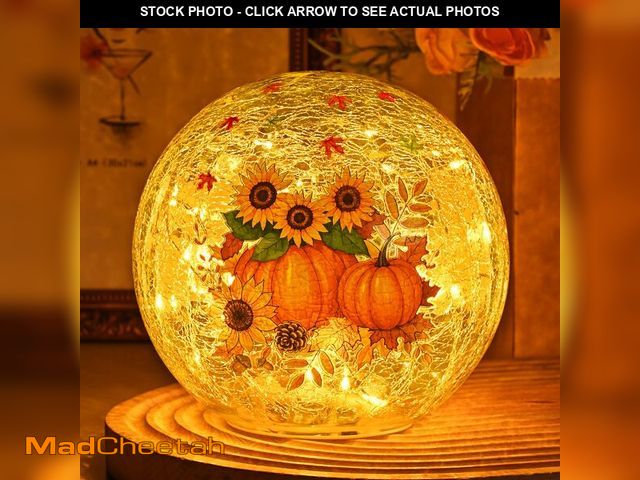 Lot 74-12712017 - FRAMICS 5.9" Fall Decorations for Home Sunflower Pumpkin Crackle Glass Balls Led Globe Light with Ti...
