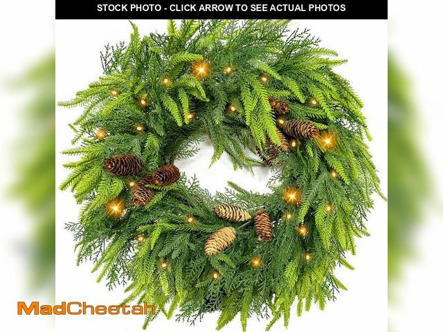 Lot 74-12697303 - 24 Inch Large Christmas Wreath with 50 LEDs Lights Timer 8 Modes, Thick &amp; Soft Norfolk Pine Cypr...