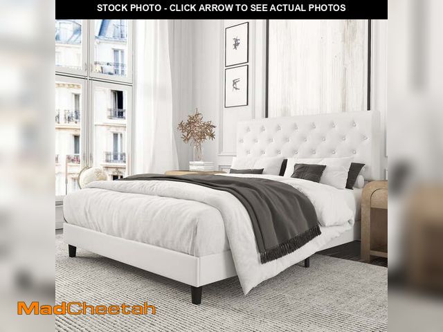 Lot 74-13610023 - Amolife Queen Faux Leather Upholstered Platform Bed Frame with Adjustable Headboard, Diamond Button ...