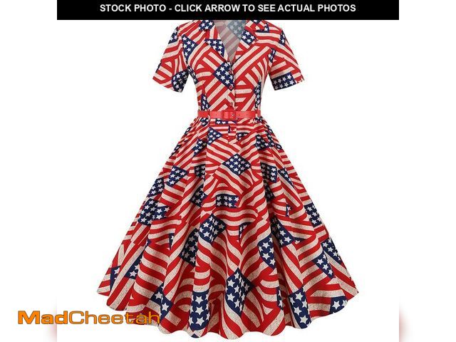 Lot 74-13711965 - American Flag Fourth of July Vintage V-Neck Swing Dress with Belt - Memorial Day Independence Day US...