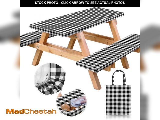 Lot 74-12120310 - RNOONY Vinyl Fitted Picnic Table Cover with Bench Covers and Bag, 6ft Outdoor Waterproof Windproof T...