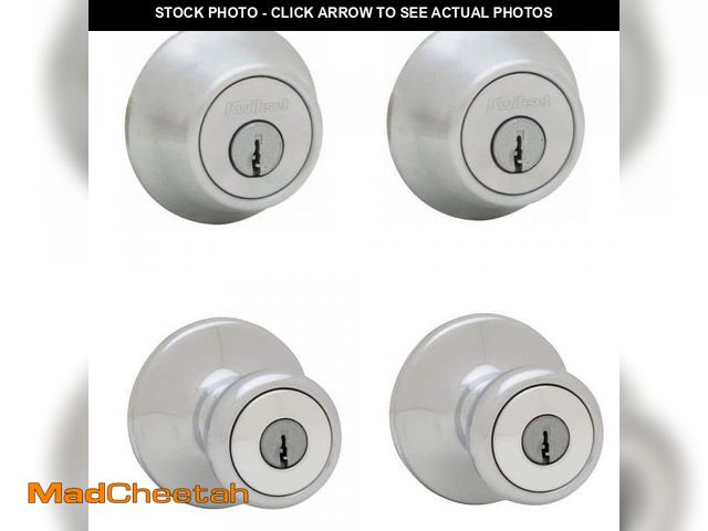 Lot 74-10364343 - Kwikset Tylo Satin Chrome Exterior Entry Door Knob and Single Cylinder Deadbolt Project Pack - UNUSE...