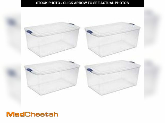 Lot 74-12800564 - Sterilite Large Storage Bin, 105 Quart Clear Plastic Storage Bin with Latch Lid, Blue, 4 Count - UNU...