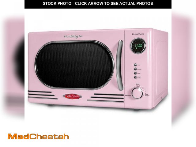 Lot 74-12424812 - Nostalgia Retro 14.92 in. Wide 1.1 cu. ft. Electric 1000-Watts Microwave Pink with Child Safety Lock...
