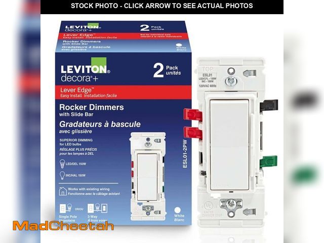 Lot 74-12856784 - Leviton Decora Lever Edge Rocker Slide Dimmer Switch for LED/INC Bulbs, 150 Watt, Single Pole or 3-W...