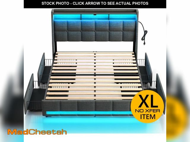 Lot 74-13075514 - Rolanstar Full Size Bed Frame with LED Lights and Charging Station, Upholstered Bed Storage Headboar...