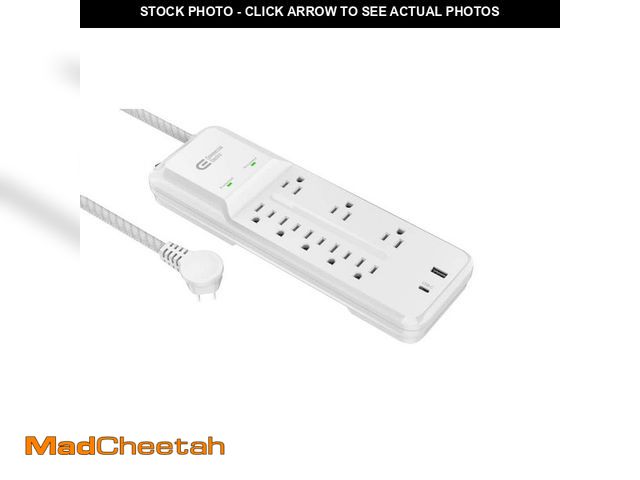 Lot 74-12852624 - Commercial Electric 12 ft. Braided Cord 8-Outlet Surge Protector with USB, White - UNUSED