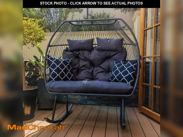 Lot 74-13037360 - AURA OUTDOOR Outdoor Oversized PE Wicker Rocking Chair 2-Person Egg Chair Loveseat with Padded Gray ...