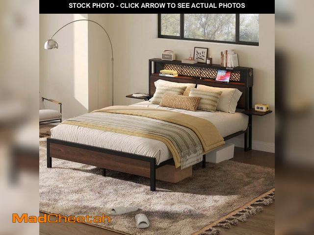 Lot 74-12803813 - Bestier Queen Size Platform Bed Frame with Wood Foldable Bedside Shelves and LED Storage Headboard C...