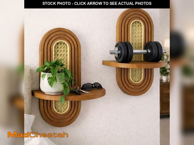 Lot 74-14208671 - Floating Shelves for Wall,2 Pack CNC Carved Wood Wall Shelves with Rattan Woven Detail,Boho Wall She...