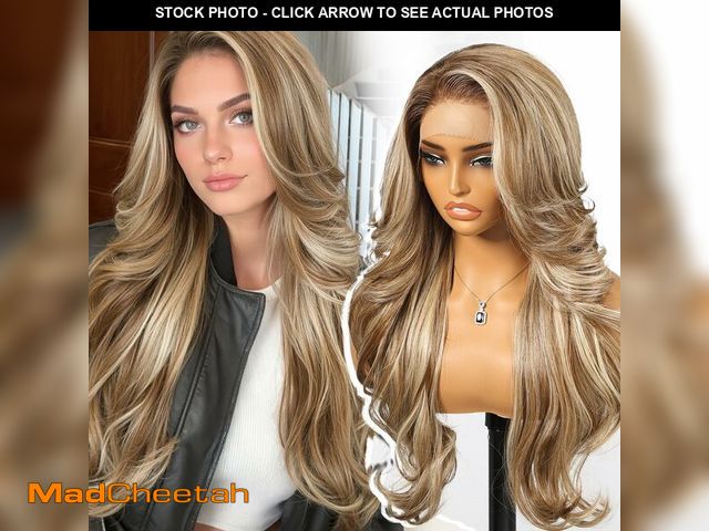 Lot 74-13571119 - KOME Ash Blonde Highlight Synthetic Lace Front Wig,13x4 HD Lace Layered Wave Glueless Wigs for Women...