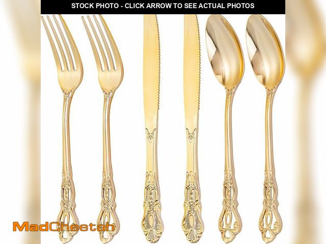 Lot 74-14060937 - Joyido 300Pieces Gold Plastic Silverware - Heavy Duty Gold Disposable Utensils - Vintage Plastic Cut...