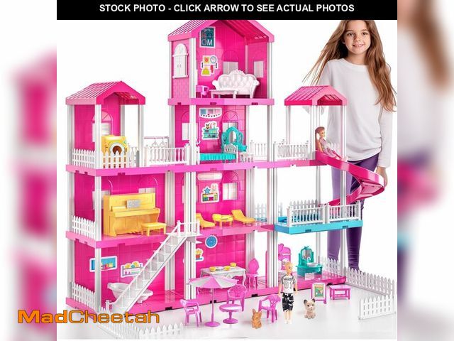 Lot 74-13709905 - JUKUDAHU Pink Villa Playset for Girls Ages 3-7, 4-Story 10-Room House with 2 Dolls, Furniture &amp; ...