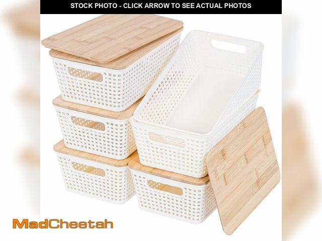 Lot 74-14206147 - Anywish Small Storage Bins with Lids 6 Packs, Plastic Storage Basket with Bamboo Lid for Pantry Orga...