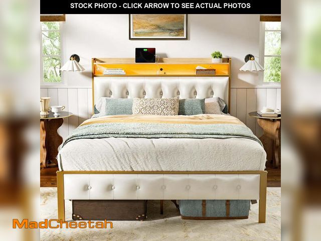 Lot 74-12801332 - GUNAITO Queen Bed Frame with Storage Headboard Upholstered Platform Bed with LED Lights USB Ports &a...