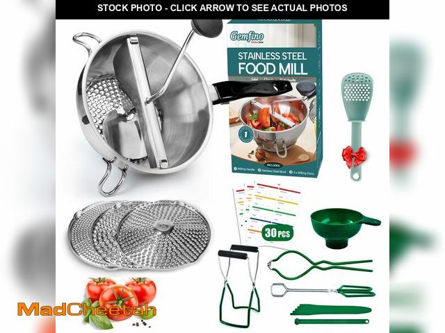 Lot 74-12711967 - Food Mill Stainless Steel With 3 Grinding Discs and Complete Canning Supplies Starter Kit of 8-Inclu...