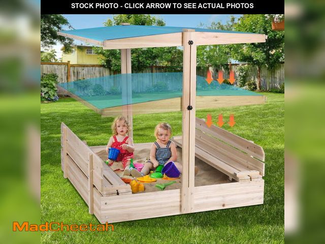 Lot 74-12679981 - FUNTOK Kids Wooden Sandbox with Canopy,Height Adjustable UV-Resistant Canopy Roof 2 Bench Seats Cove...