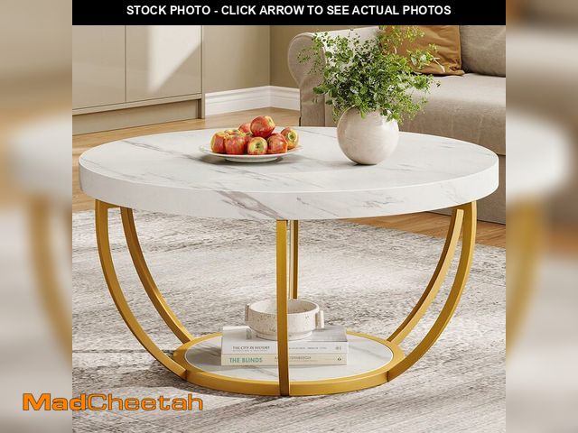 Lot 74-14342374 - Tribesigns Modern Round Coffee Table, 2 Tier Coffee Table with Faux White Marble and Golden Metal Le...