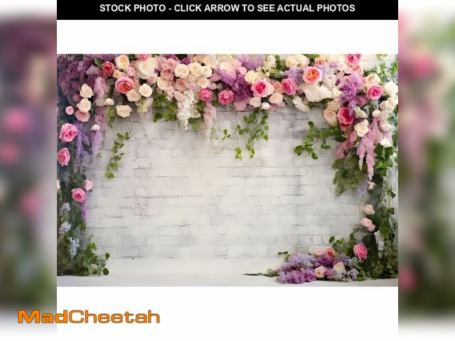 Lot 74-12719224 - YongFoto Retro White Brick Wall Floral Arch Backdrop 10x8ft Rose Flowers Vine Leaves Photography Bac...