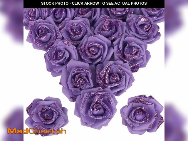 Lot 74-12603891 - ICBOX 100pcs Purple Glitter Roses 2.56" Foam Glitter Flowers Fake Roses Purple Flowers Artificial Ro...