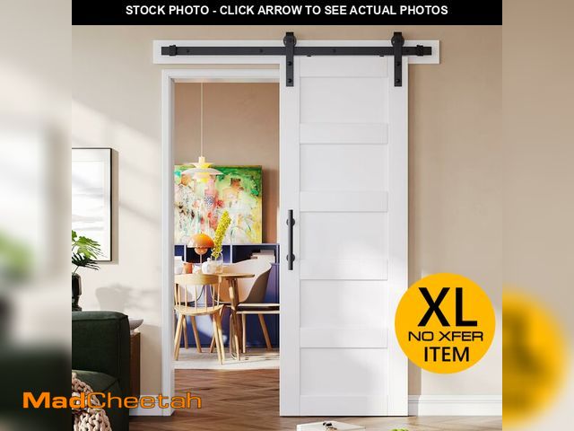 Lot 74-12662365 - 30" x 84" White Sliding Barn Door with Hardware kit, Pre-Assembled Doors, 5 Panels,Pine Wood MDF Boa...