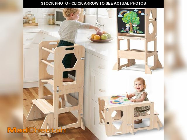 Lot 74-13584317 - Woodure 4-in-1 Toddler Kitchen Step Stool, Foldable Learning Standing Tower with Blackboard, Wooden ...